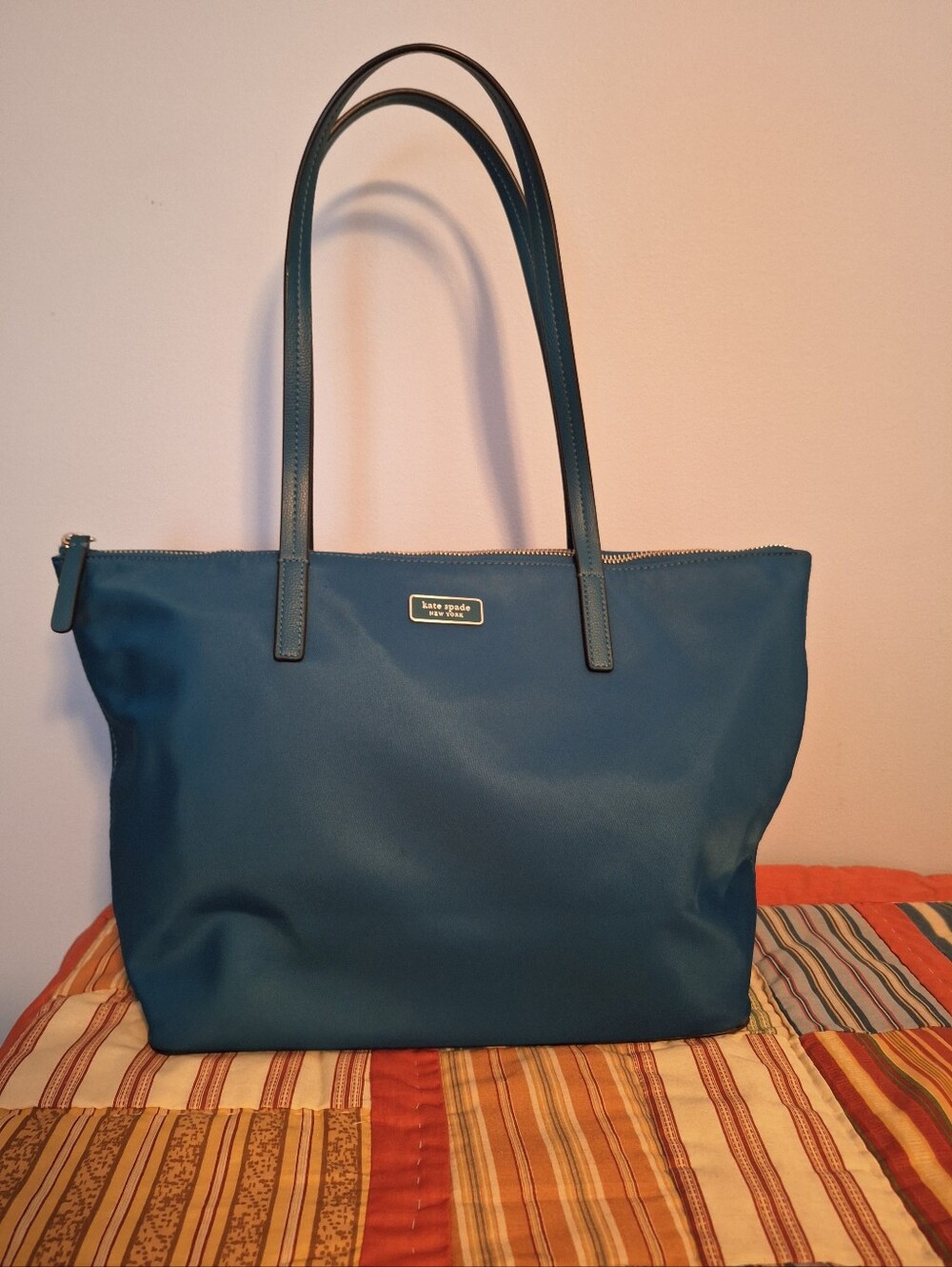 Kate Spade Hayden Teal Blue Nylon Tote W/ 2 long Shoulder Straps Gold Zipper EUC
